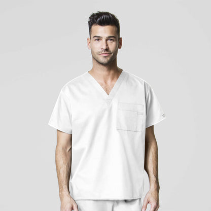 WonderWORK 100 Unisex V-Neck Scrub Top White Model Image Front | Wink