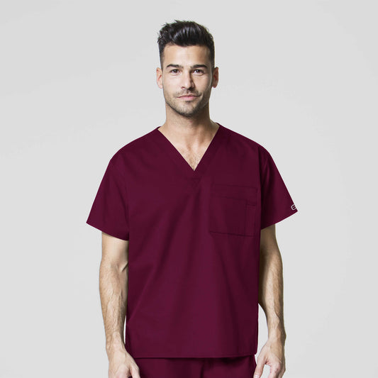 WonderWORK 100 Unisex V-Neck Scrub Top Wine Model Image Front | Wink