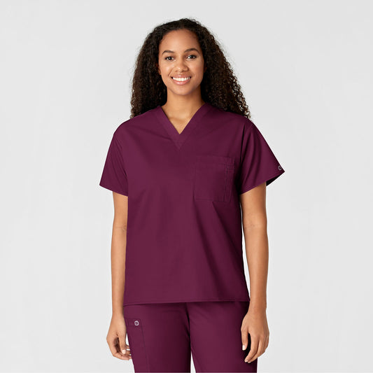 WonderWORK 100 Unisex V-Neck Scrub Top Wine Model Image Front | Wink