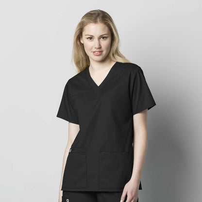 WonderWORK 101 V-Neck Scrub Top Black Model Image Front | Wink