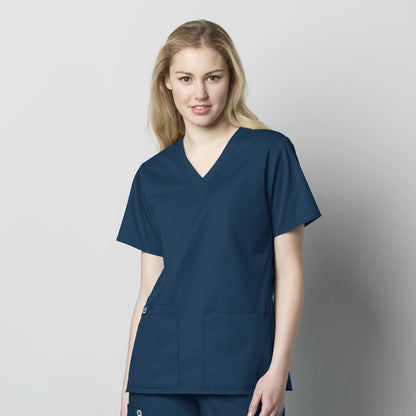 WonderWORK 101 V-Neck Scrub Top Caribbean Blue Model Image Front | Wink