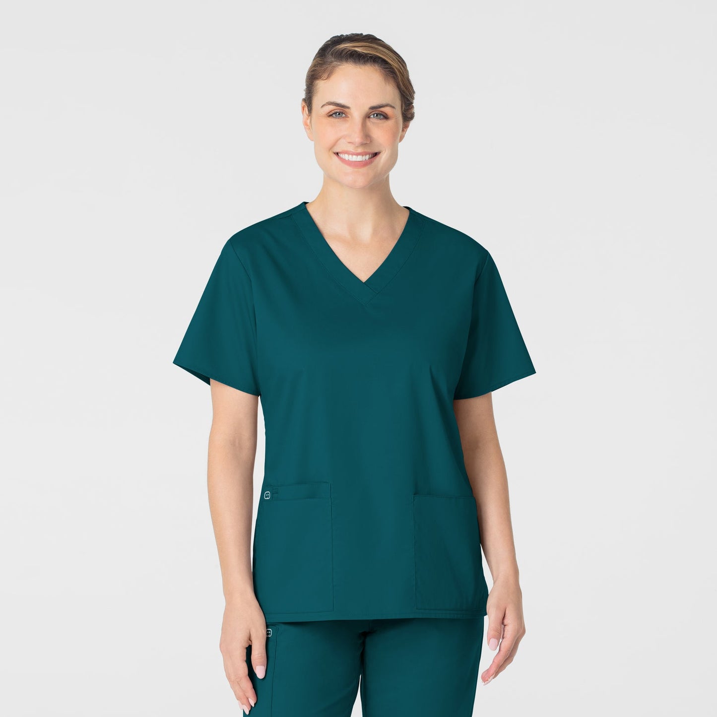 WonderWORK 101 V-Neck Scrub Top Caribbean Blue Model Image Front | Wink