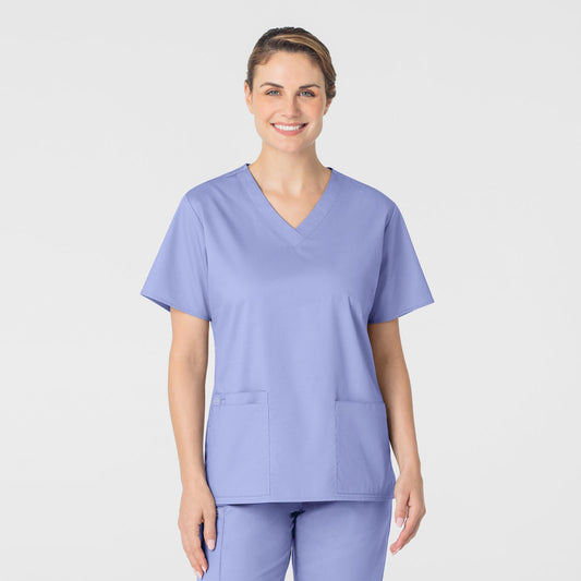 WonderWORK 101 V-Neck Scrub Top Ceil Blue Model Image Front | Wink