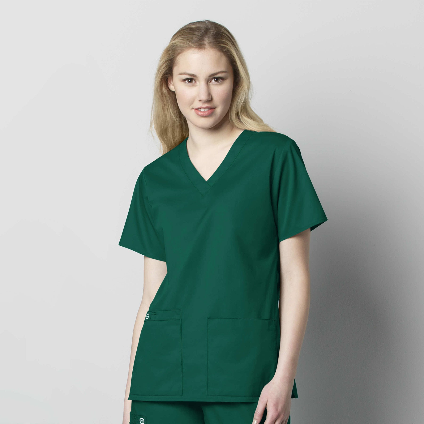 WonderWORK 101 V-Neck Scrub Top Hunter Model Image Front | Wink