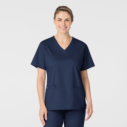 WonderWORK 101 V-Neck Scrub Top Navy Model Image Front | Wink