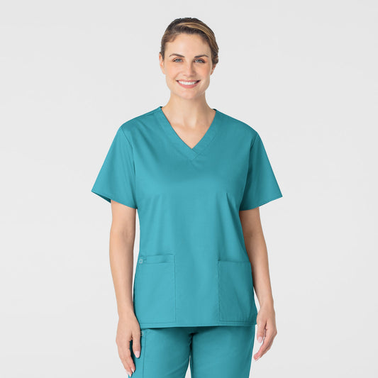 WonderWORK 101 V-Neck Scrub Top Teal Blue Model Image Front | Wink