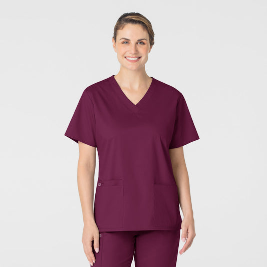 WonderWORK 101 V-Neck Scrub Top Wine Model Image Front | Wink