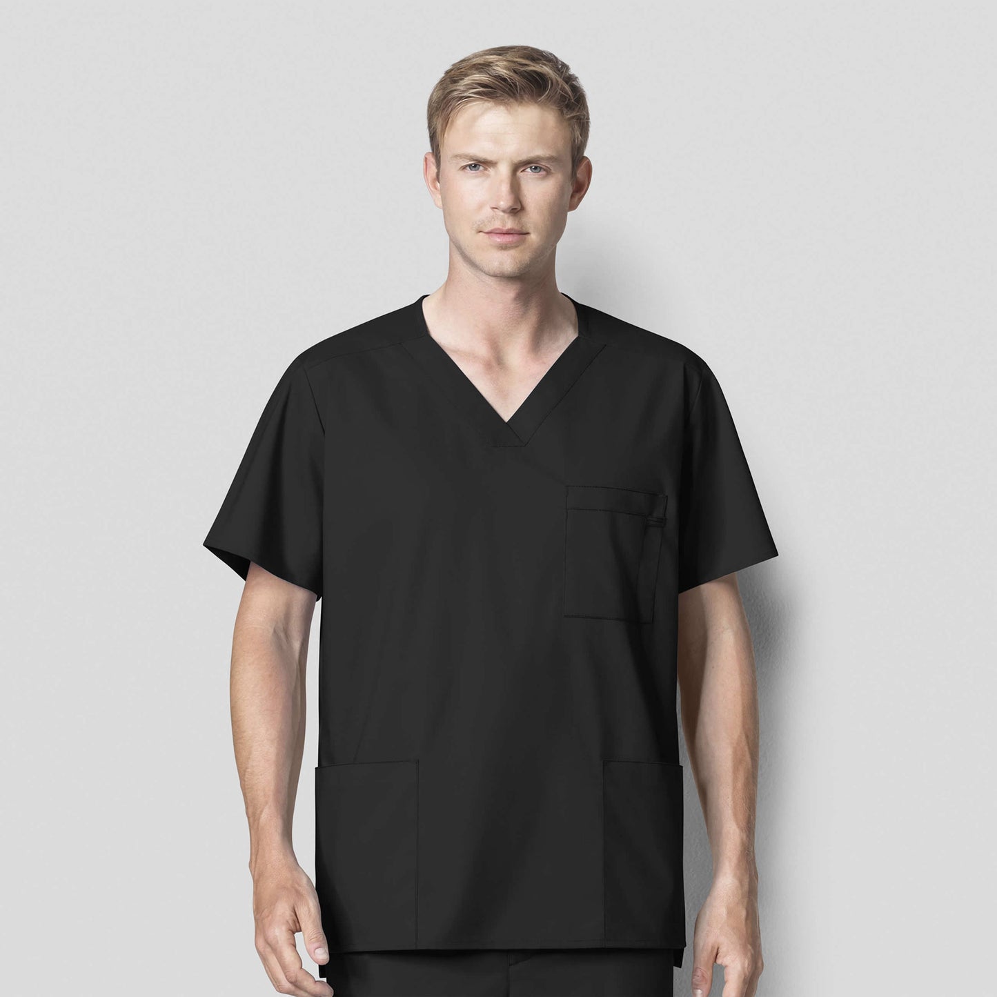 WonderWORK 103 Men's V-Neck Scrub Top Black Model Image Front | Wink