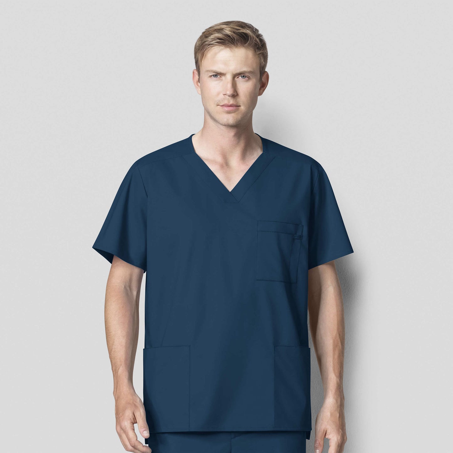 WonderWORK 103 Men's V-Neck Scrub Top Caribbean Blue Model Image Front | Wink