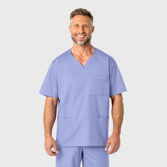 WonderWORK 103 Men's V-Neck Scrub Top Ceil Blue Model Image Front | Wink