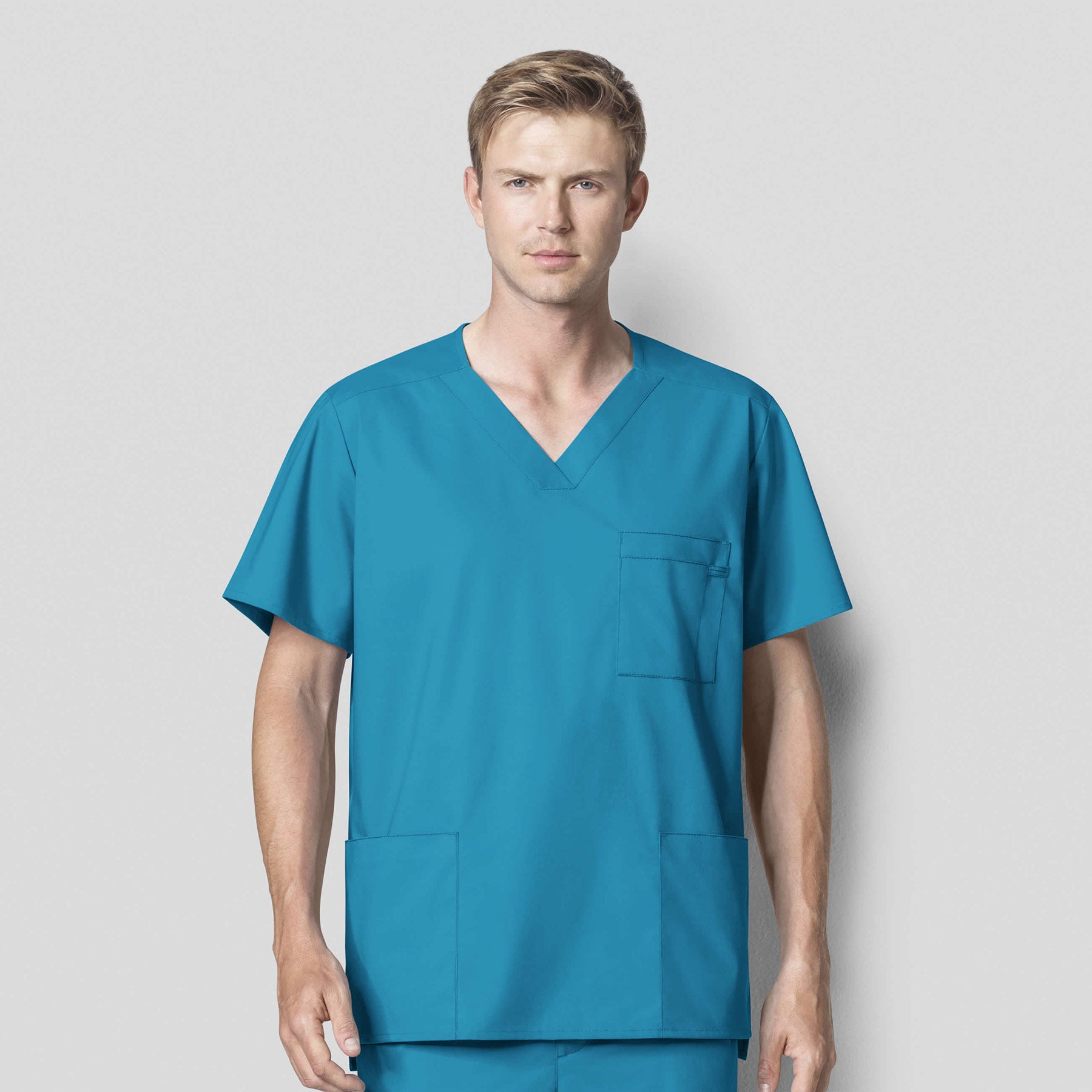 WonderWORK 103 Men's V-Neck Scrub Top Teal Blue Model Image Front | Wink