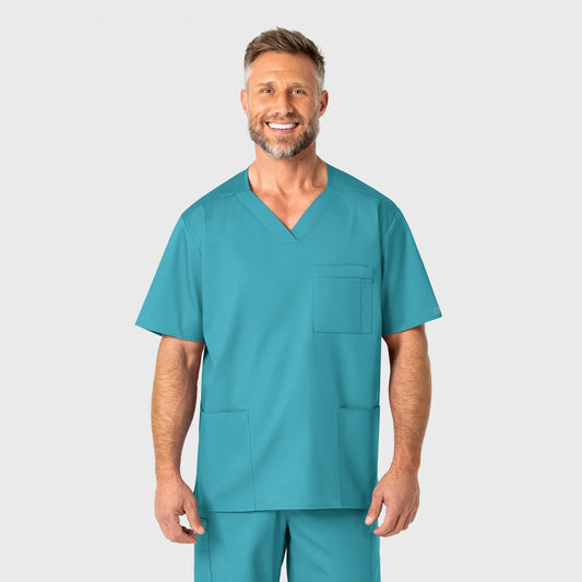 WonderWORK 103 Men's V-Neck Scrub Top Teal Blue Model Image Front | Wink