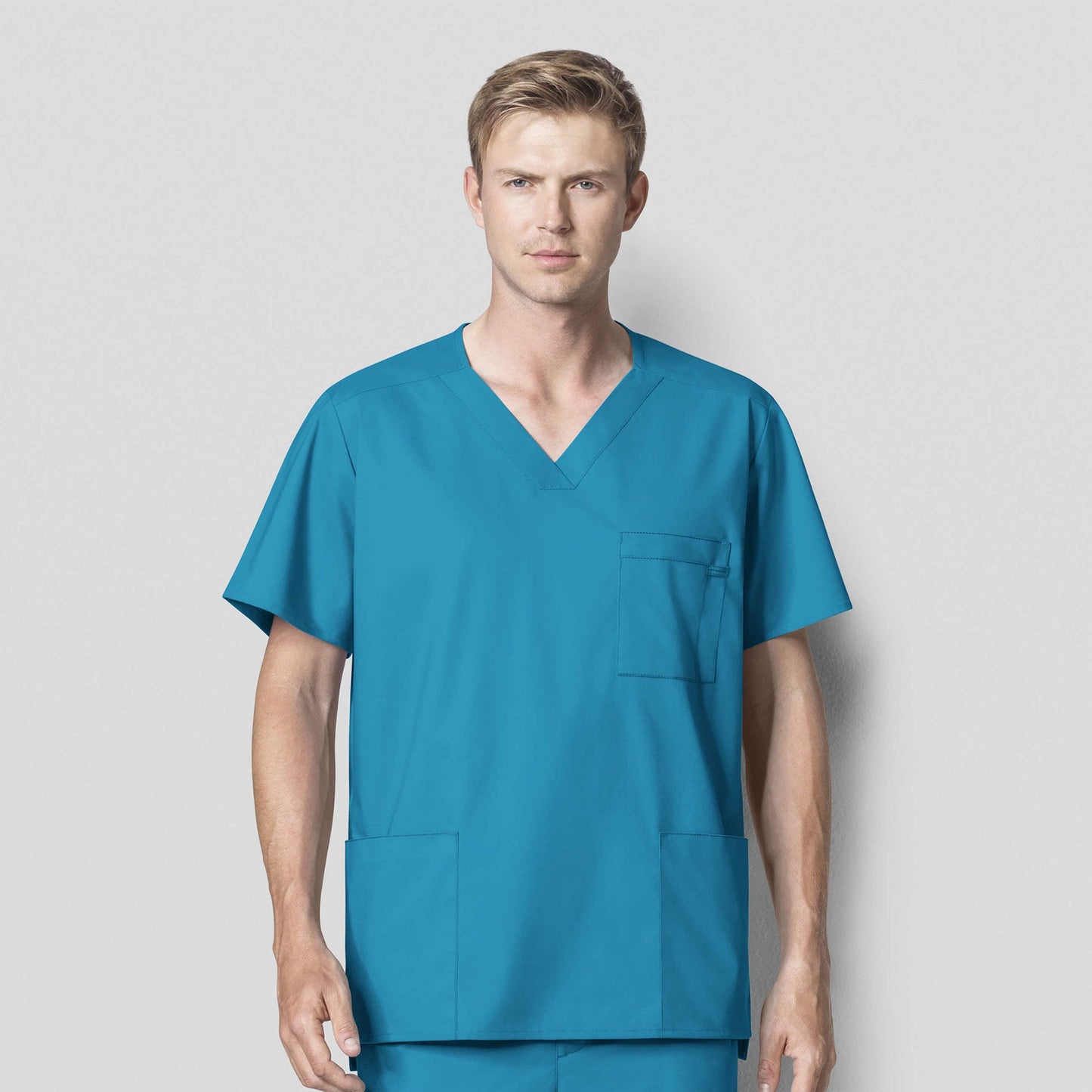 WonderWORK 103 Men's V-Neck Scrub Top Teal Blue Model Image Front | Wink