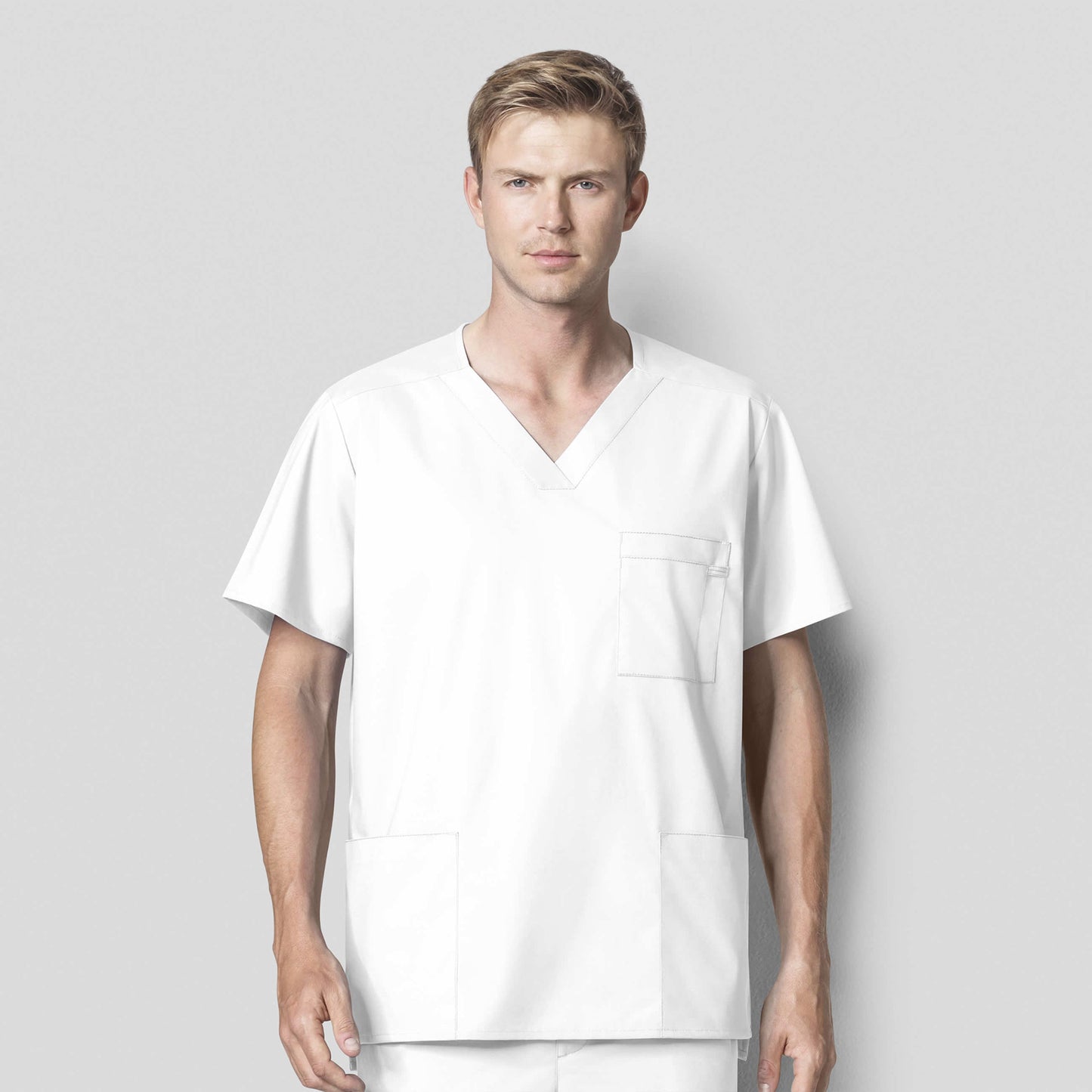 WonderWORK 103 Men's V-Neck Scrub Top White Model Image Front | Wink