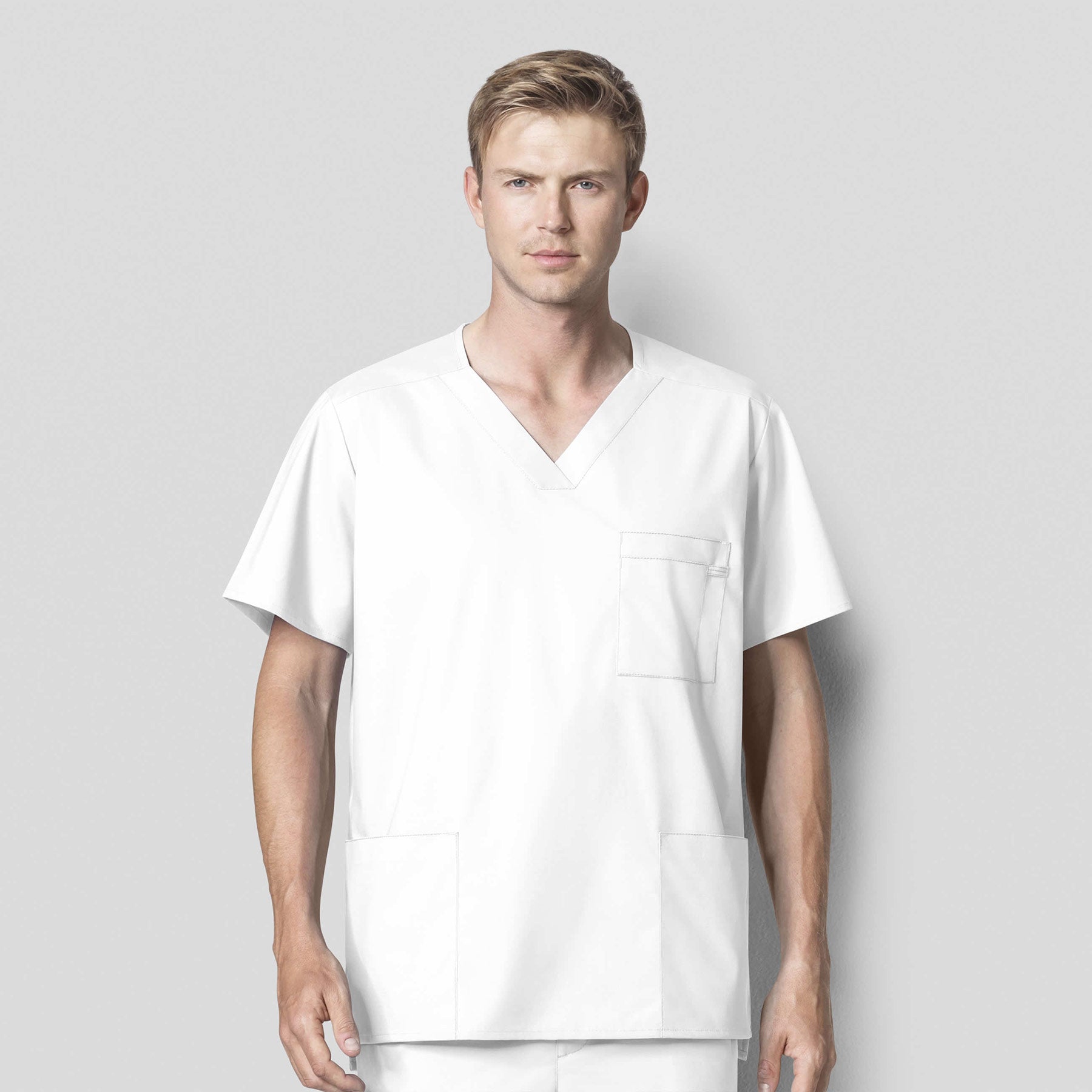 WonderWORK 103 Men's V-Neck Scrub Top White Model Image Front | Wink