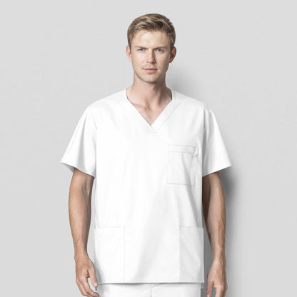 WonderWORK 103 Men's V-Neck Scrub Top White Model Image Front | Wink