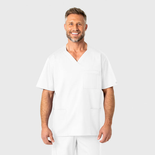 WonderWORK 103 Men's V-Neck Scrub Top White Model Image Front | Wink