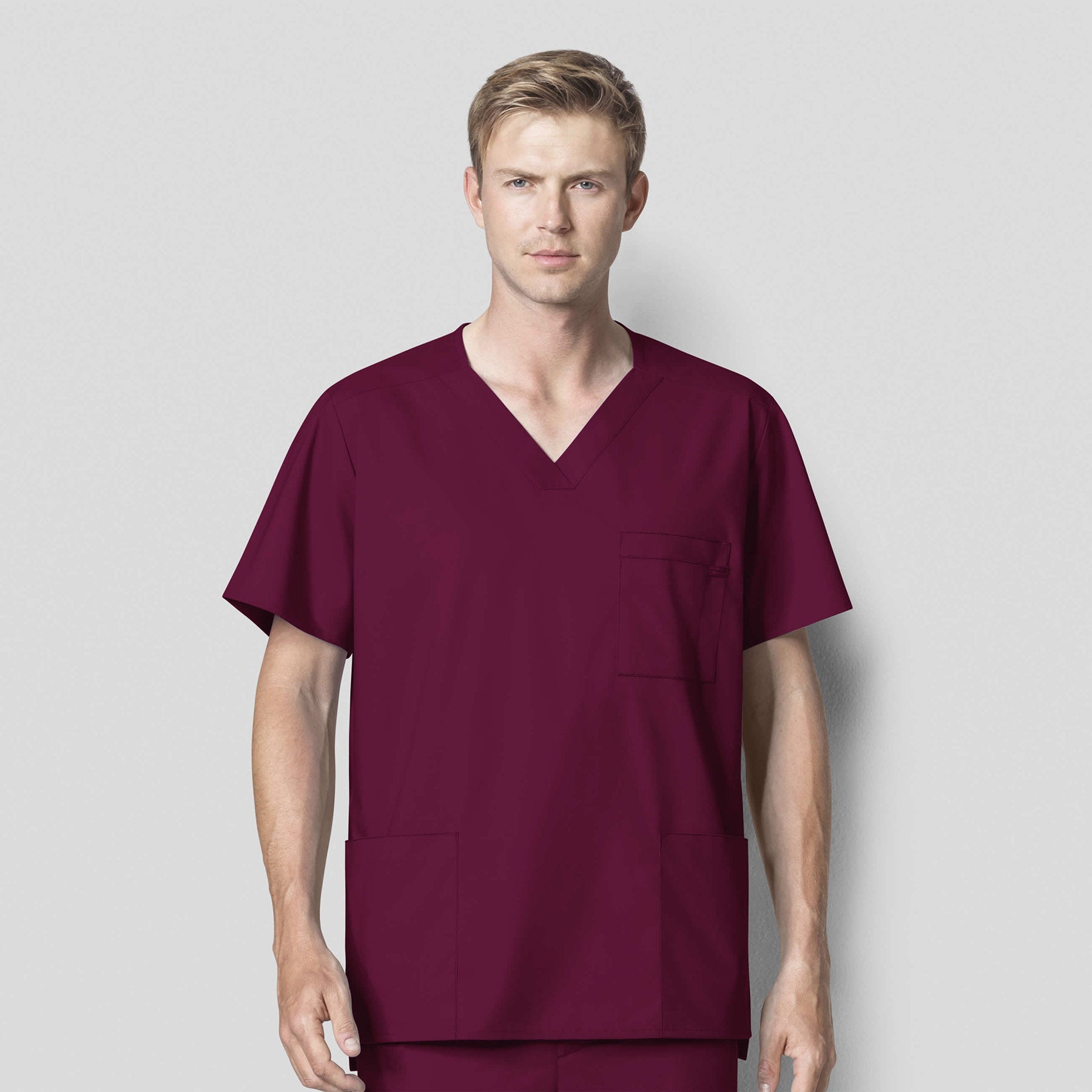 WonderWORK 103 Men's V-Neck Scrub Top Wine Model Image Front | Wink