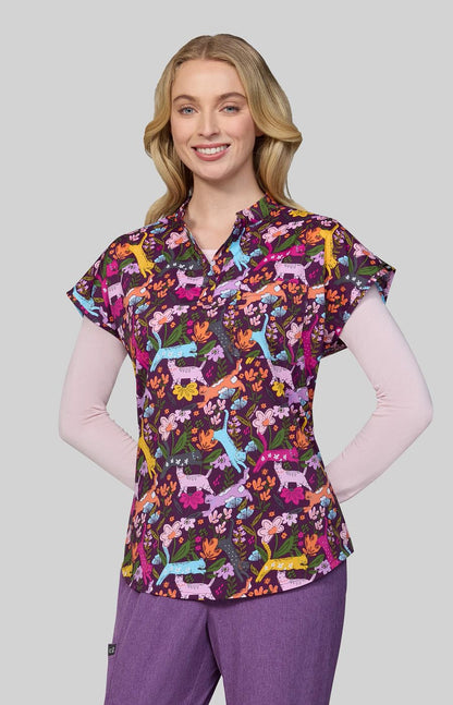 Artists Series Ari Women's 1-Pocket Print Scrub Top Floral Kitties