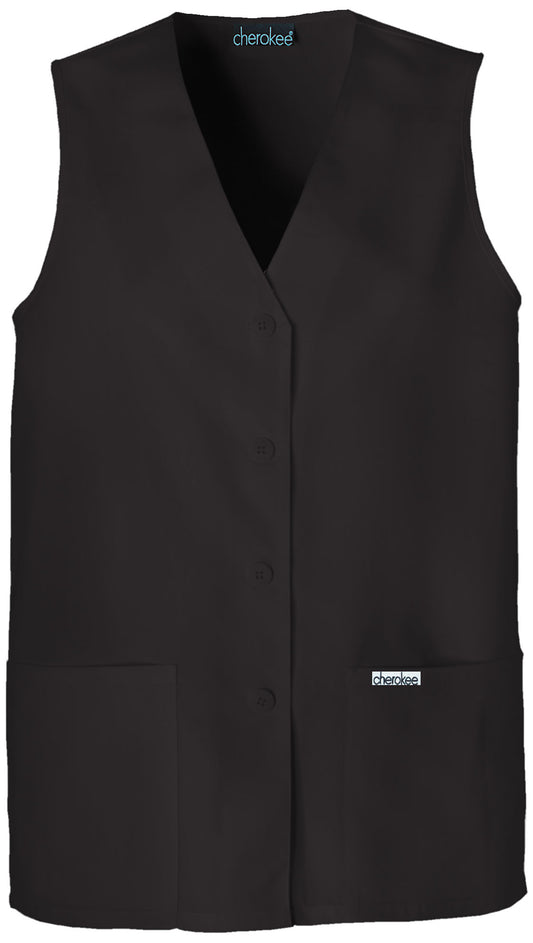 Fashion Solids 1602 Button Front Vest Black Model Image Front | Cherokee