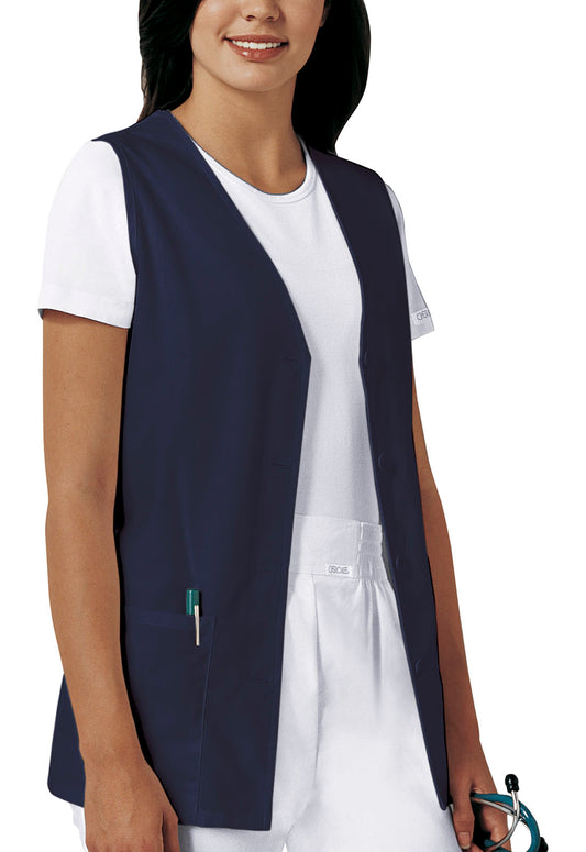 Fashion Solids 1602 Button Front Vest Navy Model Image Front | Cherokee