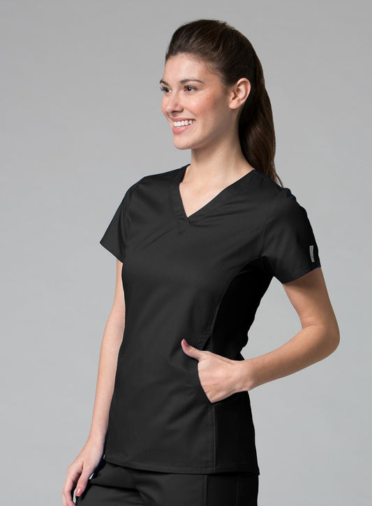 EON 1718 Women’s Sporty Mesh Panel Curved V Neck Top Black