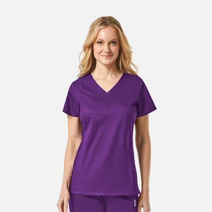 EON 1718 Women's Sporty Mesh Panel Curved V Neck Top Eggplant