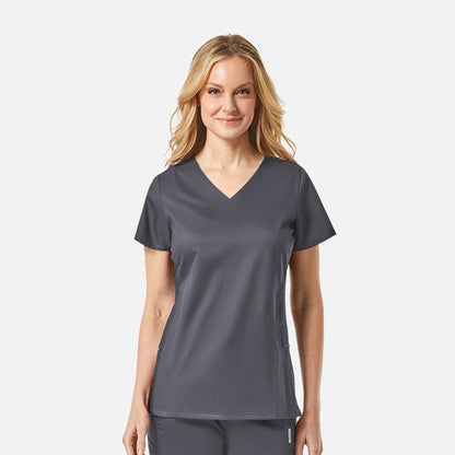EON 1718 Women's Sporty Mesh Panel Curved V Neck Top Pewter