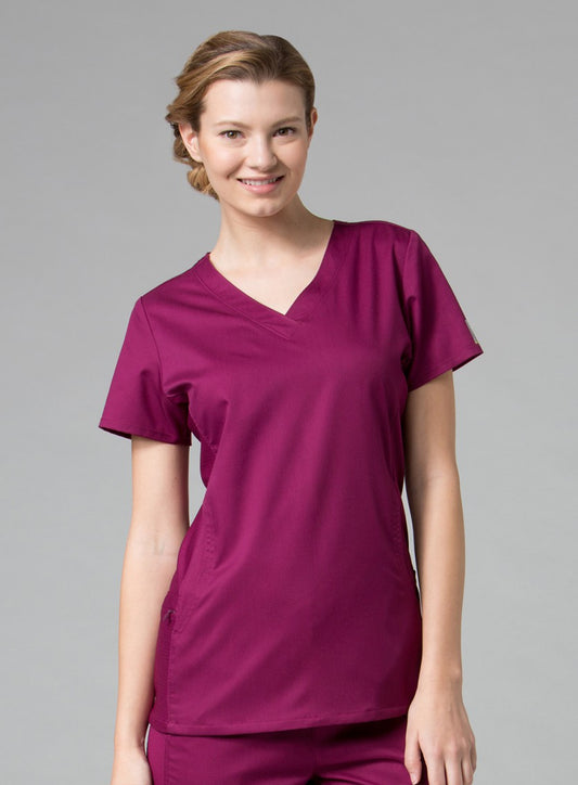 EON 1718 Women’s Sporty Mesh Panel Curved V Neck Top Wine