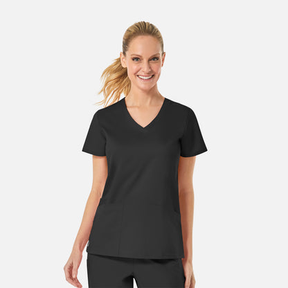 EON 1738 Women's Back Mesh Panel Curved V-Neck Top Black
