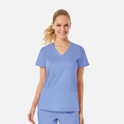 EON 1738 Women's Back Mesh Panel Curved V-Neck Top Ceil Blue