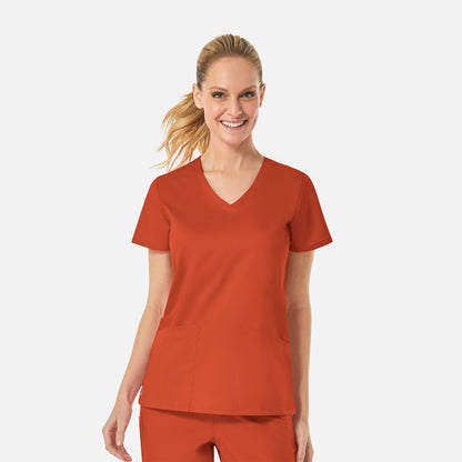 EON 1738 Women's Back Mesh Panel Curved V-Neck Top Cherry Red