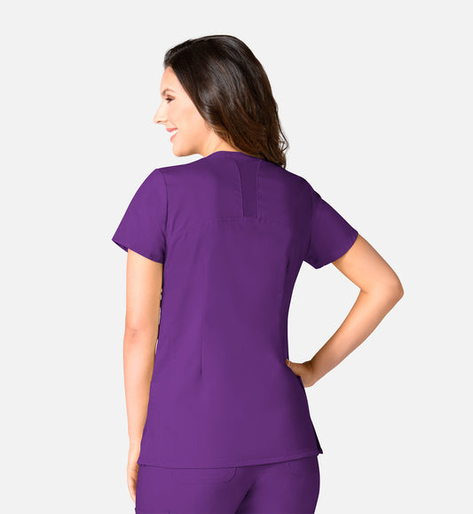 EON 1738 Women's Back Mesh Panel Curved V-Neck Top Eggplant