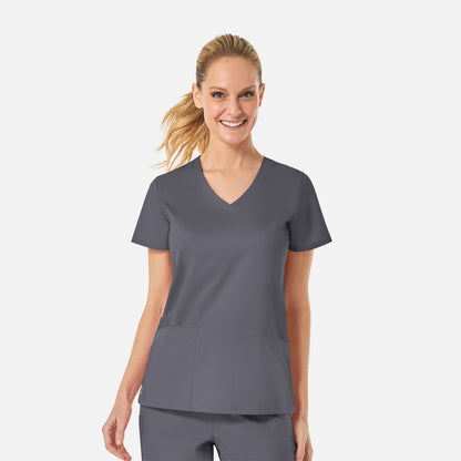 EON 1738 Women's Back Mesh Panel Curved V-Neck Top Pewter