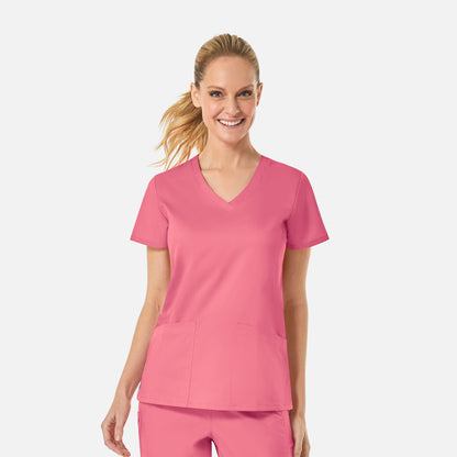 EON 1738 Women's Back Mesh Panel Curved V-Neck Top Strawberry Pink