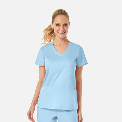 EON 1738 Women's Back Mesh Panel Curved V-Neck Top Sky Blue