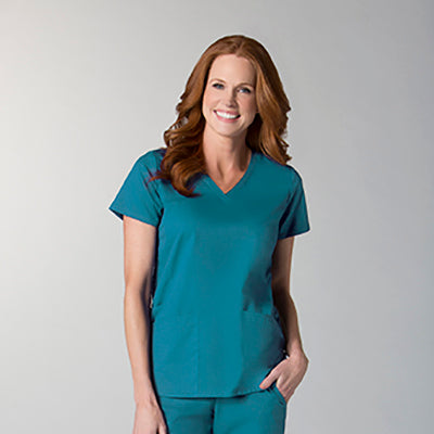 EON 1738 Women’s Back Mesh Panel Curved V-Neck Top Teal Blue