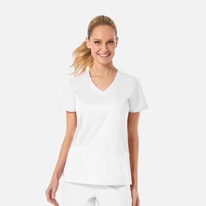 EON 1738 Women's Back Mesh Panel Curved V-Neck Top White