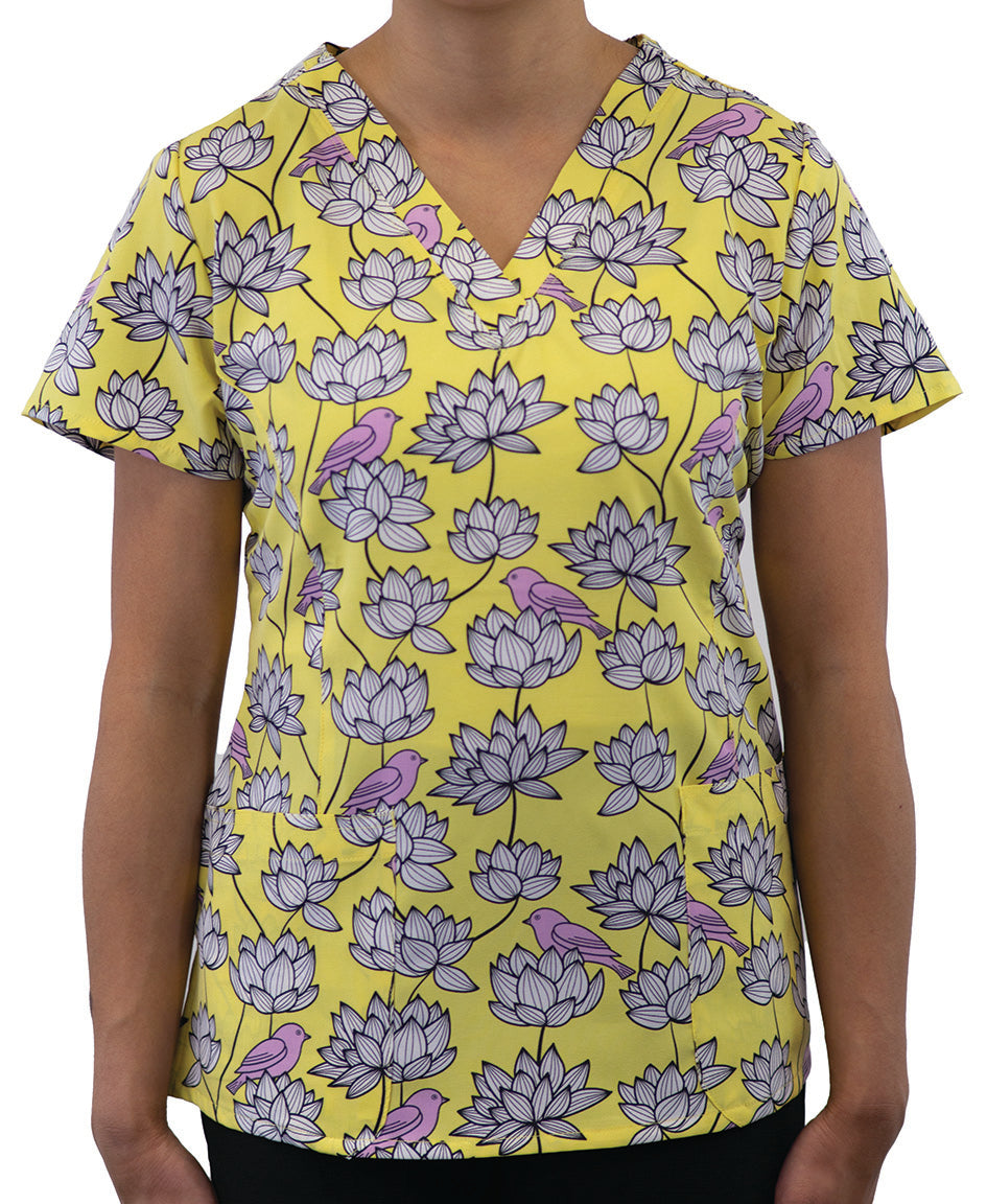 Prints 1767 Printed Curved V-Neck Top Birds in Bloom