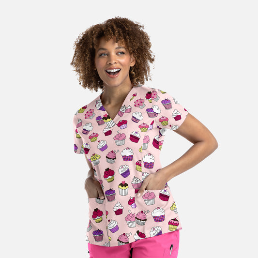 Prints 1767 Printed Curved V-Neck Top Cupcake Heaven