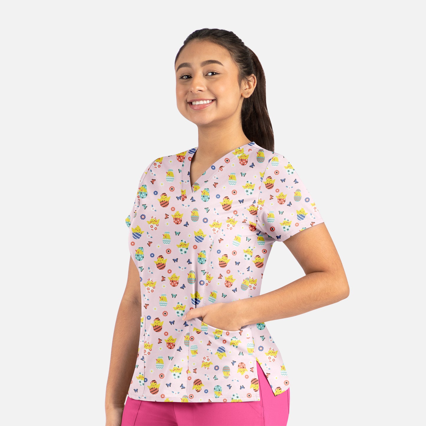 Prints 1767 Printed Curved V-Neck Top Easter Egg Hunt