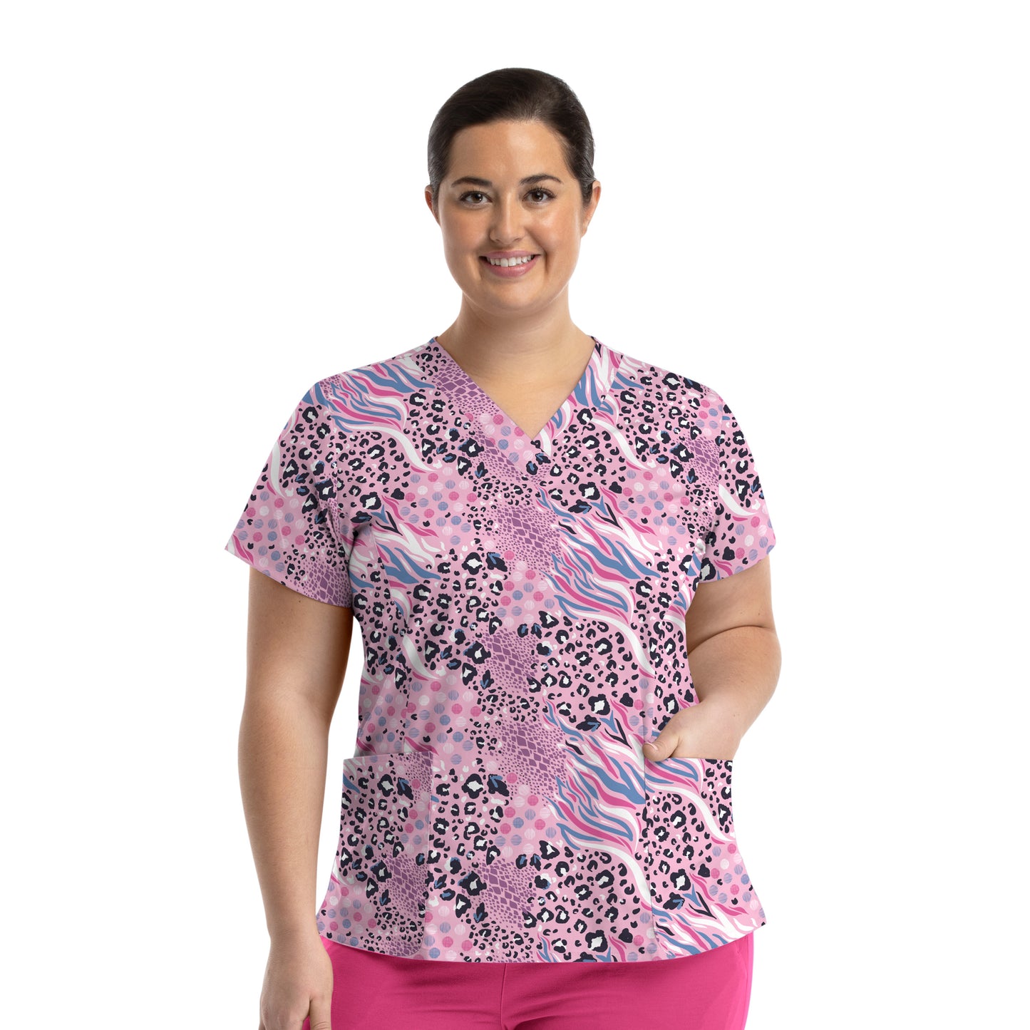 Prints 1767 Printed Curved V-Neck Top Safari in Pink