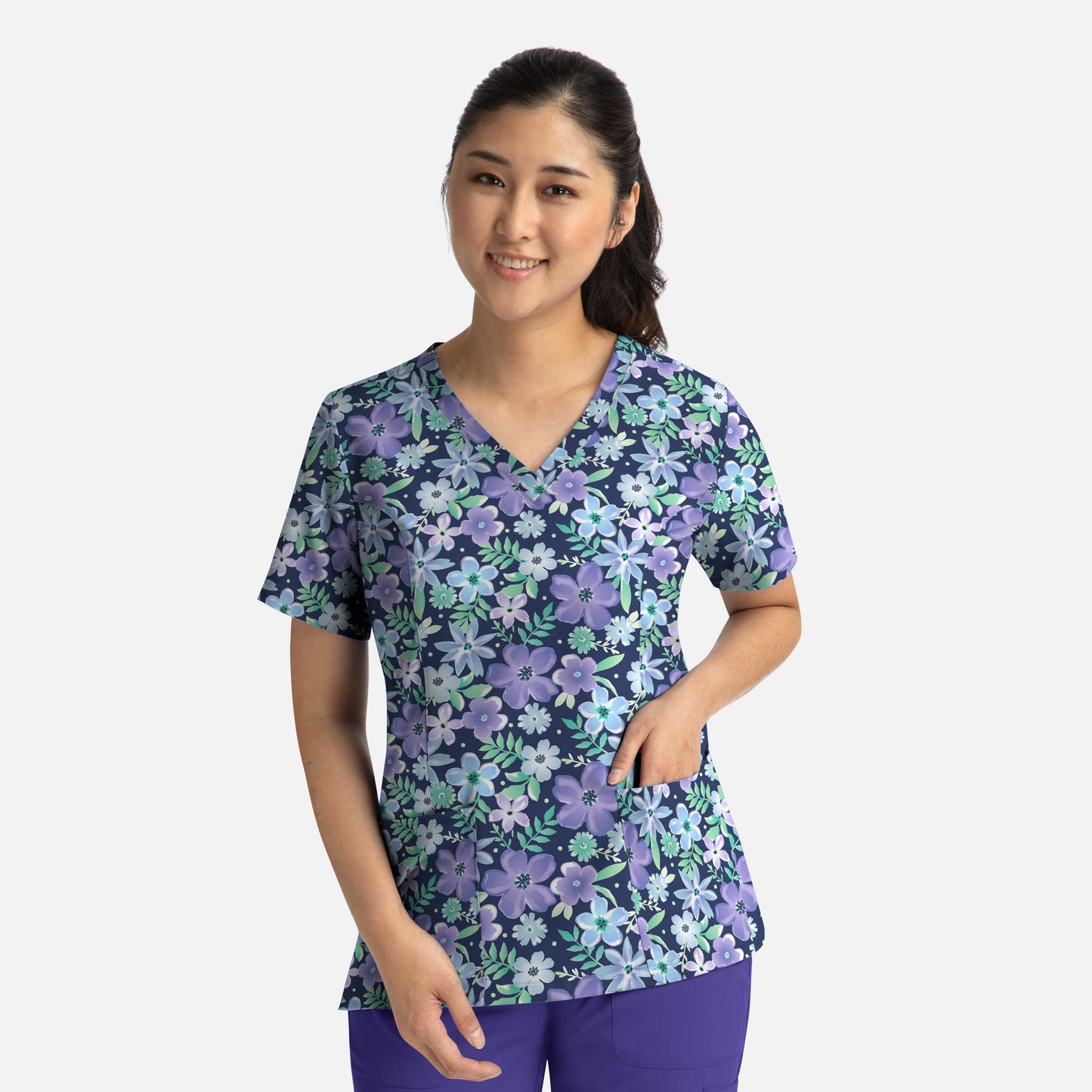 Maevn 1767 Printed Curved V-Neck Scrub Top