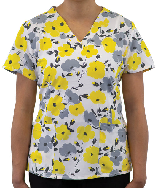 Prints 1767 Printed Curved V-Neck Top Sunshine Blossoms