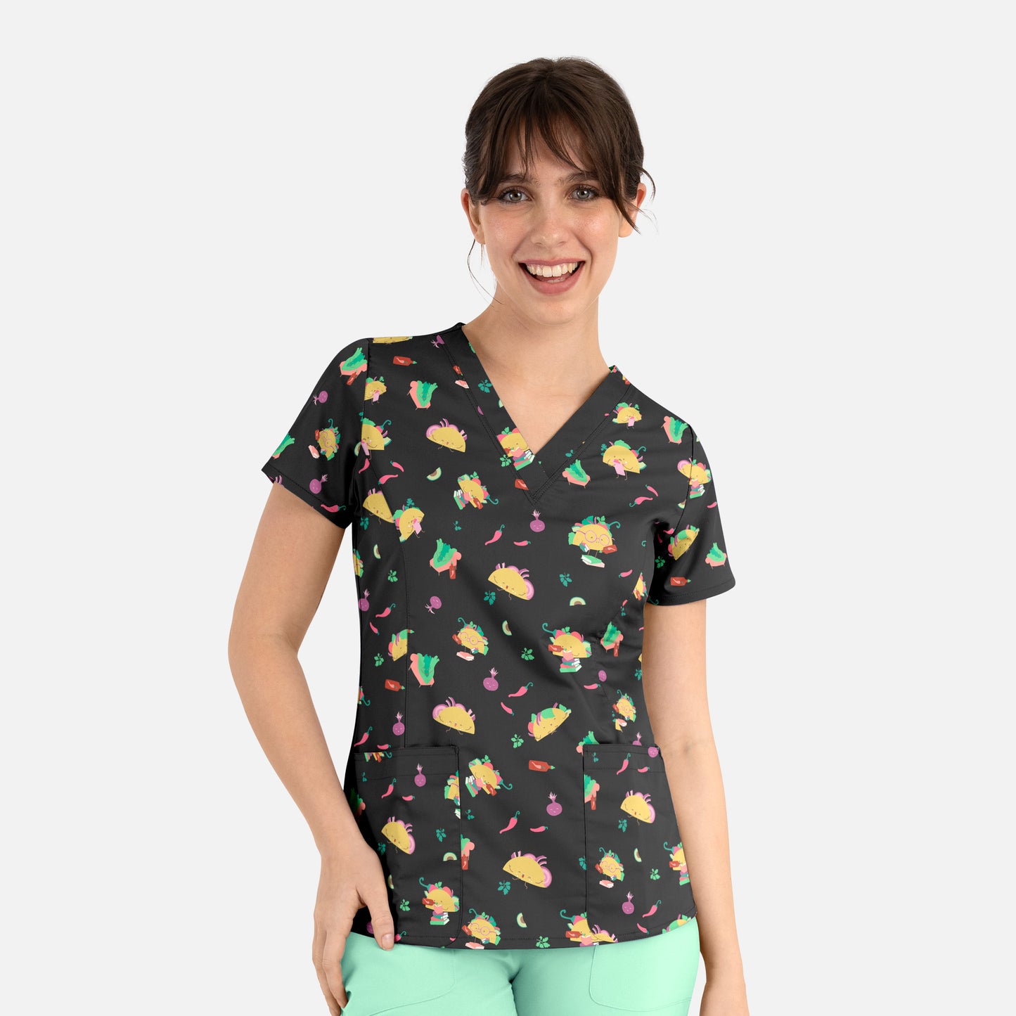 Maevn 1767 Printed Curved V-Neck Scrub Top