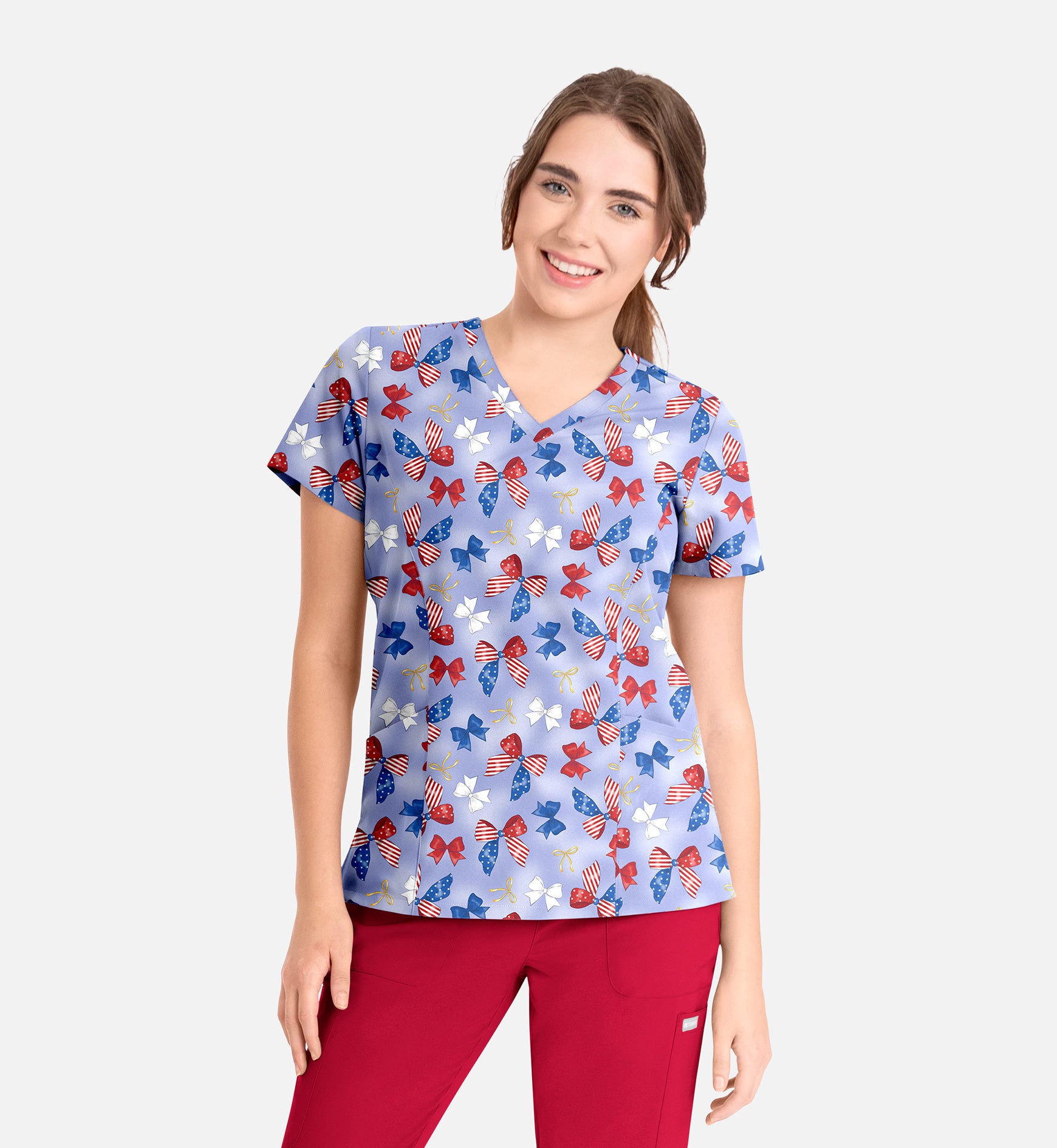 Maevn 1797 Women’s Curved V-Neck Print Top Americana Bows