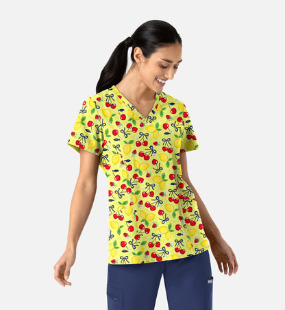 Maevn 1797 Women’s Curved V-Neck Print Top Cherry Berry Lemonade