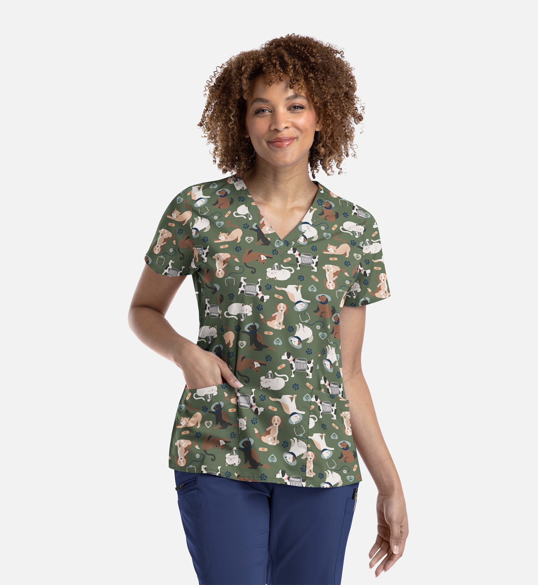 Maevn 1797 Women’s Curved V-Neck Print Top Cuddly Checkup