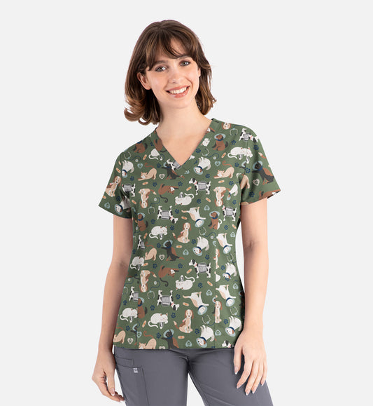 Maevn 1797 Women’s Curved V-Neck Print Top Cuddly Checkup