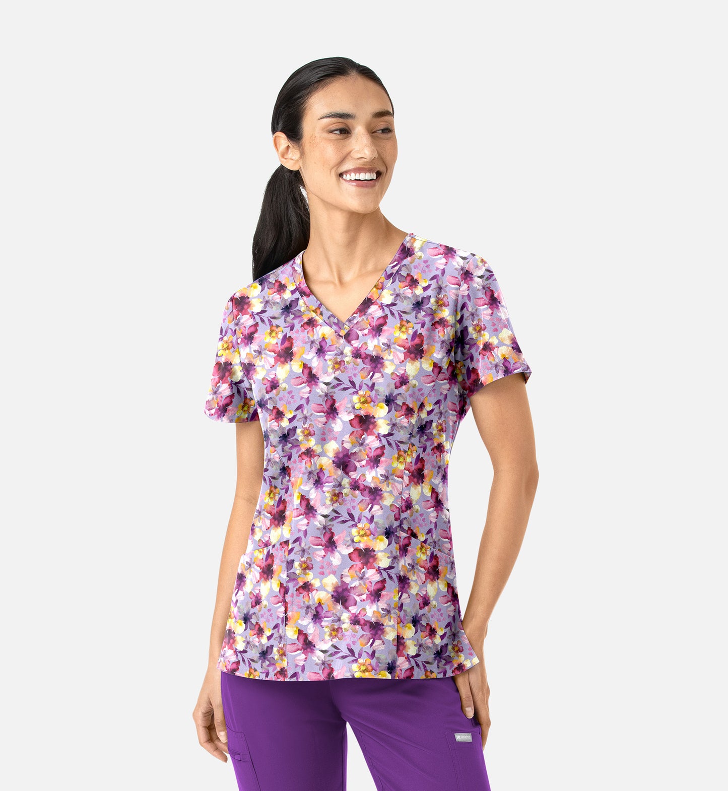 Maevn 1797 Women’s Curved V-Neck Print Top Floral Daze
